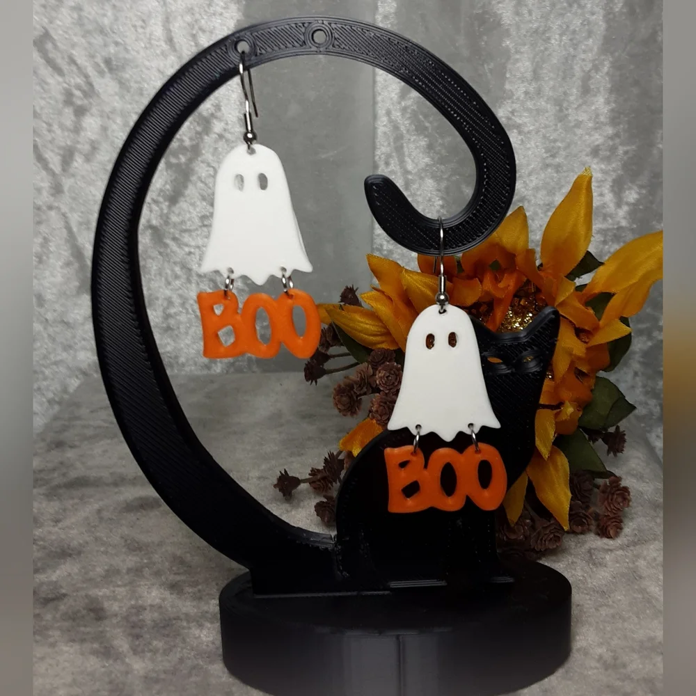 Handmade 3D Printed Ghost Boo Earrings Halloween White Orange - Picture 4 of 5